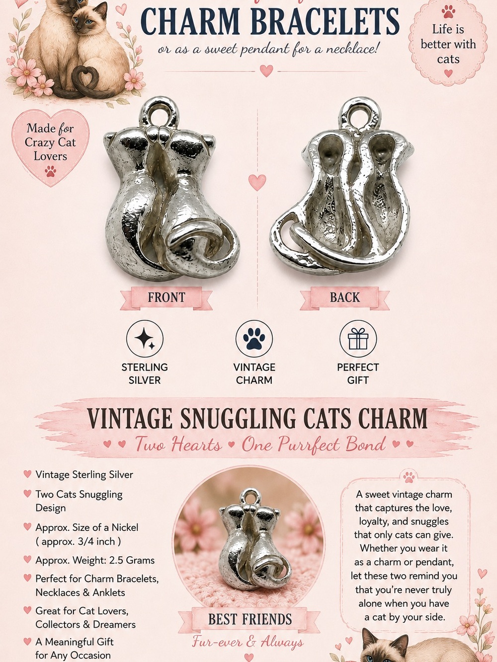 Vintage Snuggling Cats Charm Pendant - Sterling Silver Look